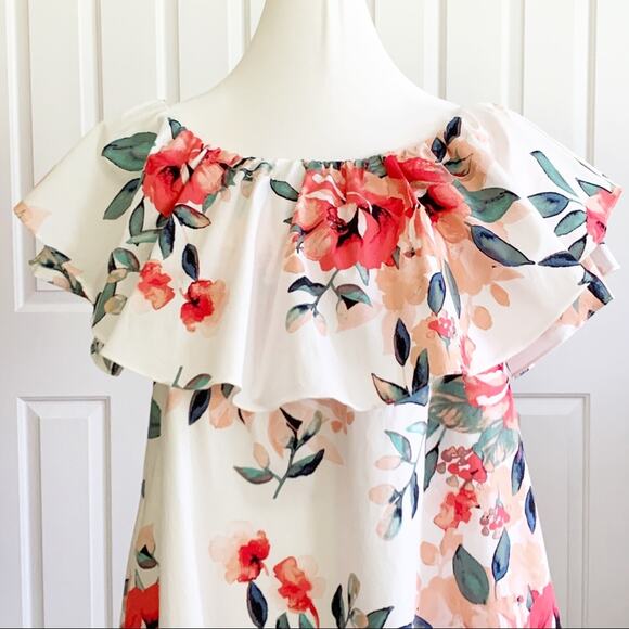 Adrienne Dress Tropical Floral On Off Shoulder Ruffle Neckline Sleeveless Small - Picture 4 of 15